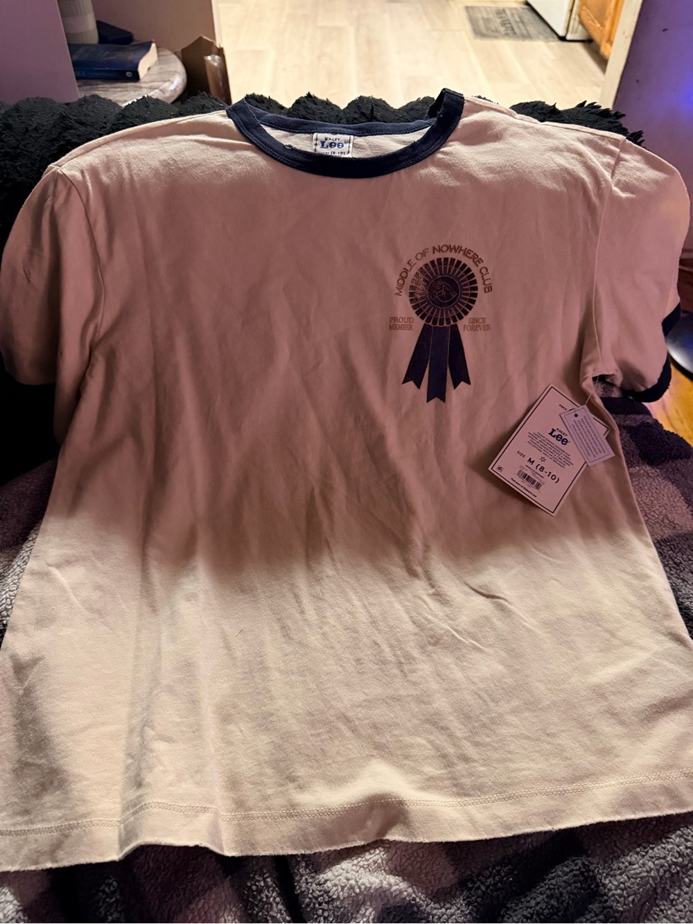 Lee Cream Short Sleeve Ringer Tee with Navy Trim and Ribbon Graphic